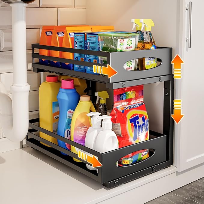 Under Sink Organizer, 2 Tier Under Sink Organizers and Storage, Adjustable Height, Slide out Metal Cabinet Organizers, Pull out Cabinet Storage Drawer Shelf for Kitchen Bathroom Black, 1 Pack