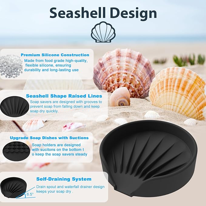 Self Draining Soap Dish, Silicone Suction Cup Soap Holder Tray Savers Container Sponge Holder for Bar Bathroom Shower Kitchen Sink, Can Extend Soap Life (2, Black)