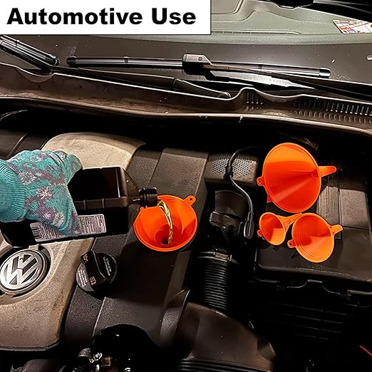 Oil Funnel Set (Orange, 4-Pack) – Plastic Funnels for Automotive Use – Funnels for Kitchen Use Filling Bottles and containers – Funnel for Water Bottles, Gas, Car Oil, Lubricants and Fluids