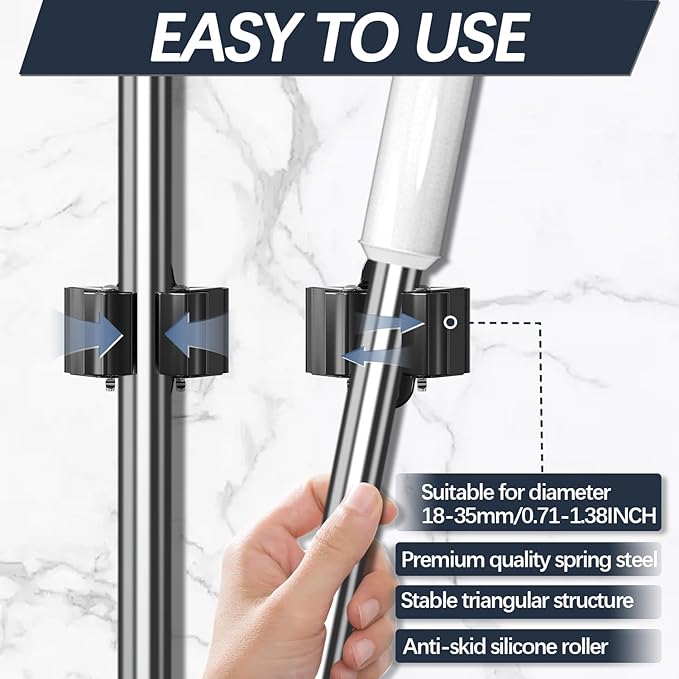 3-H Stainless Steel Broom Holder Wall Mount 4-Pack-Heavy Duty Mop Organizer, Wall Mounted Broom Storage with Secure Mounting for Laundry Garage Bathroom