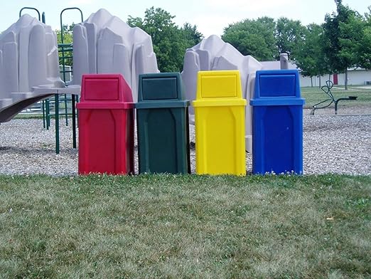 32 Gallon Square 100% Recycled Plastic Heavy Duty Outdoor Trash Can with Push Lid - Great for Schools and Businesses - White