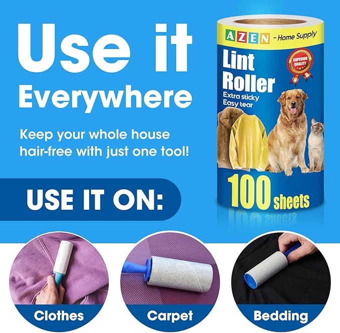 AZEN Lint Roller, Lint Rollers for Pet Hair Extra Sticky, 600 Sheets Lint Roller with 3 Upgraded Handles, 6 Roller Portable Lint Remover for Clothes, Pet Hair Remover, Lint Rollers for Clothes