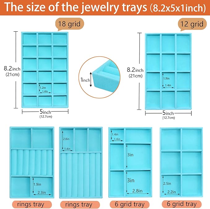 8 Pcs Velvet Jewelry Tray Stackable Jewelry Drawers Organizer Trays Rings Earrings Bracelet Organizer (8.2" x 5" x 1")