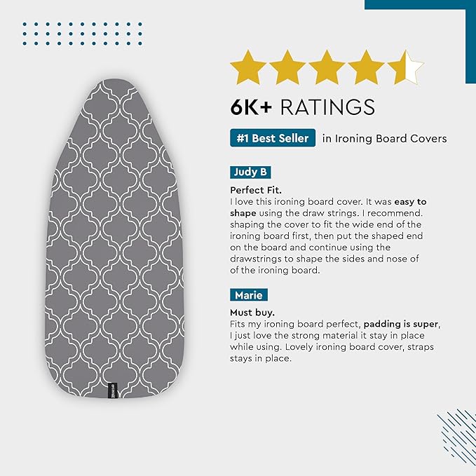 Encasa XO Ironing Board Cover and Pad 49"x18" - Thick 3mm Felt Padding, Drawstring Tightening & Lock, Easy Fit, Scorch & Stain Resistant, Fits Wide Ironing Board - White Tiles