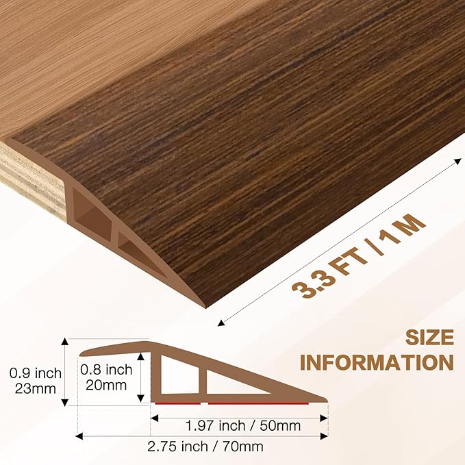 Floor Transition Strip Vinyl Door Threshold Ramp Self Adhesive Carpet Edging Strip Doorway Edge Trim, Overlap Edge Reducer for Laminate Carpet, Floor, Tile (Brown Wood Grain, 3/5" to 4/5", 3.3Ft)