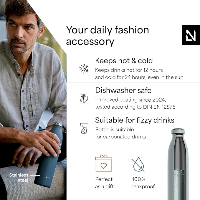 LARS NYSØM Stainless Steel Insulated Water Bottle 12oz 17oz 25oz 34oz 51oz | Insulated Thermo Flask for Hot and Cold Beverages | Leakproof Drinking Bottle (Sky Blue, 33.9 oz)