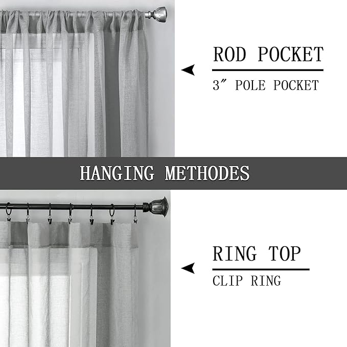 Tollpiz Short Sheer Curtain Linen Textured Living Room Curtains Sheer Light Filtering Rod Pocket Voile Curtain for Bedroom, 42 x 54 inches Long, Silver Grey, Set of 2 Panels