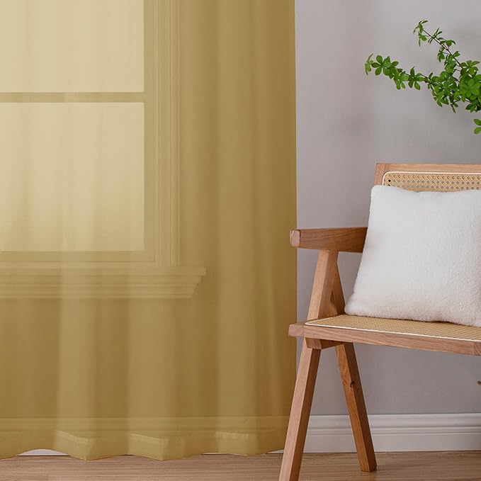 Chyhomenyc Gold Sheer Curtains 84 inches Long 2 Panels Set - Light Filtering Curtains for Living Room, Soft Gentle Voile Rod Pocket Bedroom Window Drapes, 42Wx84L Inch, 2PCS