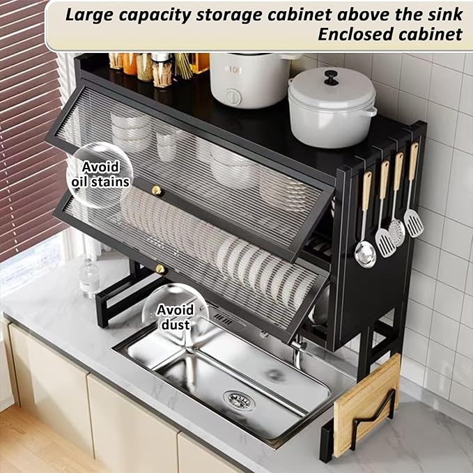 Dish Drying Rack 4 Tiers with Cover, Keep Kitchen Sink Shlef Organized Space-Saving, Large Drying Rack for Dishes, Glasses, Bowls, Cutlery white W-29.5in