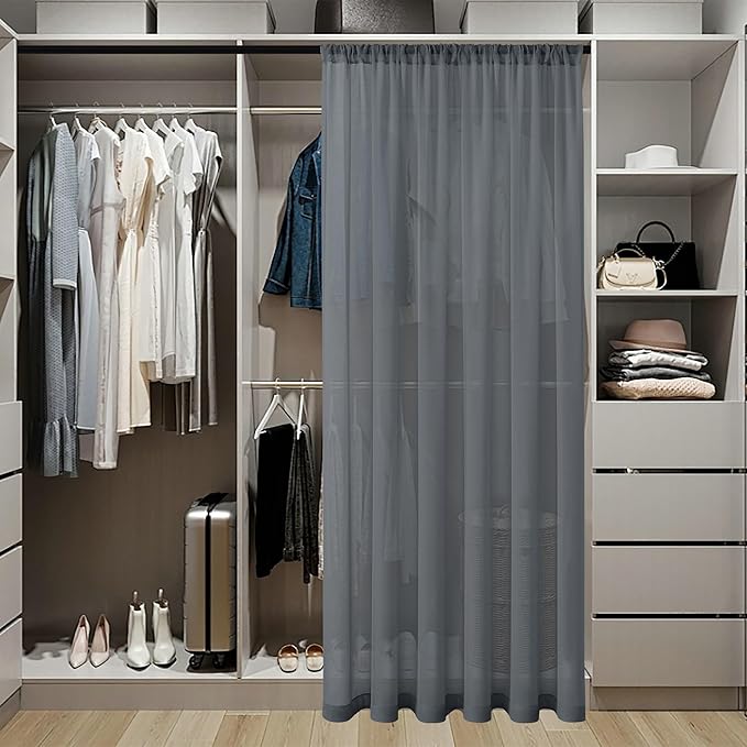 Tollpiz Sheer Door Curtains Closet Linen Textured Curtains Sheer Doorway Light Filtering Voile Rod French Door Pocket Curtain Patio Glass Door, 25 x 72 inches Long, Dark Grey, Set of 1 Panel