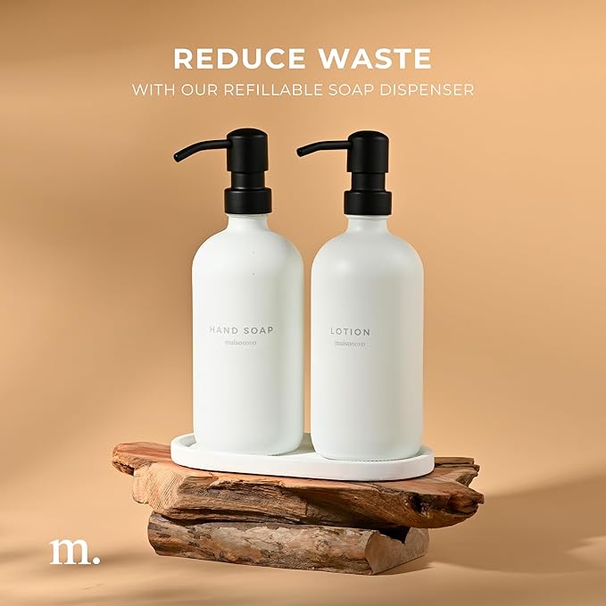 MaisoNovo Soap Dispenser 3-Piece Set | 16.9oz White Bottles with Black Stainless Steel Pumps