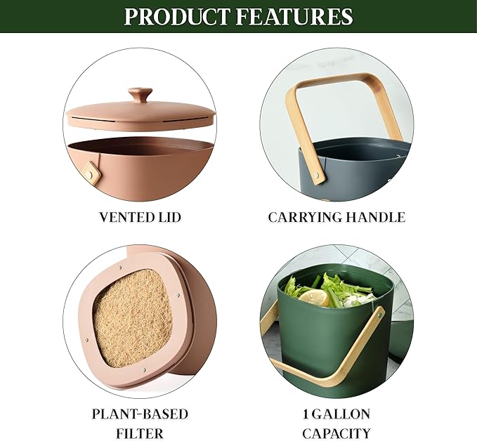Bamboozle Countertop Compost Bin Kitchen | 1 Gallon | Odorless Composting Bin with Filters | Indoor Compost Bin with Lid | Plant Based Kitchen Composter for Food Scraps & Waste Recycling | Forest