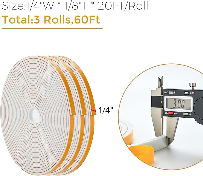 60 Feet Weather Stripping Door Seal, 1/4" Wide X 1/8" Thick Door Seal Strip High Density Foam Tape Adhesive Strip for Door Soundproofing,Window Insulation (1/4" x 1/8" x 60FT,White)