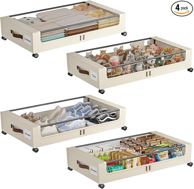 Under Bed Storage with Wheels, 4 Pack Under Bed Storage Containers with Clear Lids, XXL 60L Under-Bed Organizers for Clothes, Shoes – Durable Storage Bins with Smooth Rolling Wheels (White, 4 Pack)
