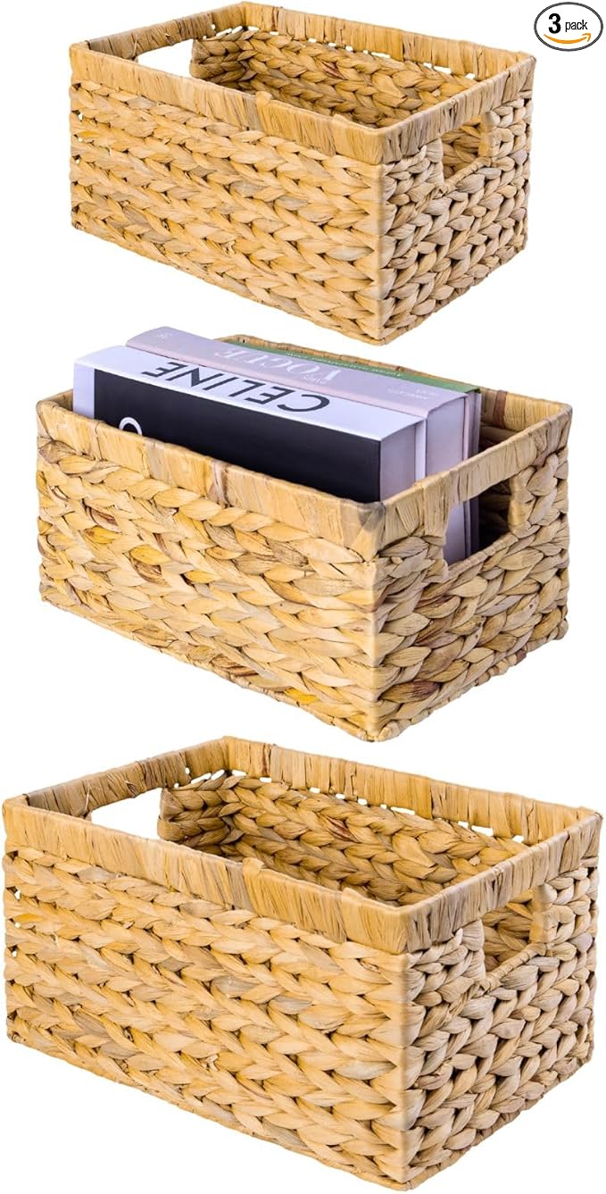 Set of 3 Wicker Storage Baskets for Shelves, Water Hyacinth Storage Baskets, Wicker Baskets for Storage, Kitchen Organizers and Storage Pantry (Set 3 SML)
