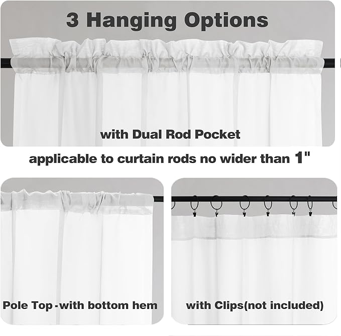 Chyhomenyc White Sheer Curtains 36 inch Length 2 Panels Set, Light Filtering Voile Rod Pocket Short Window Curtians for Bathroom Living Room Farmhouse Small Windows, Each 42Wx36L in, 2PCS, White