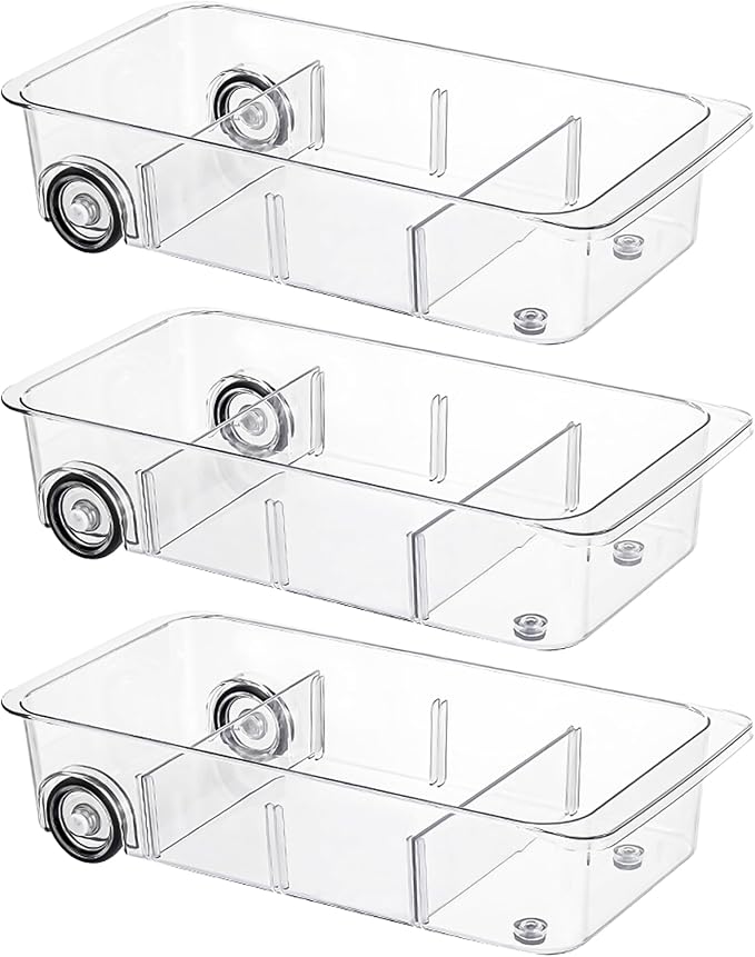 Fridge Organizer Bins With Wheels, 3 Pack Roll Out Refrigerator Organizers And Storage Refrigerator Drawer With Dividers, Upgrade Thick Plastic Pantry Storage Bins, Kitchen Organization