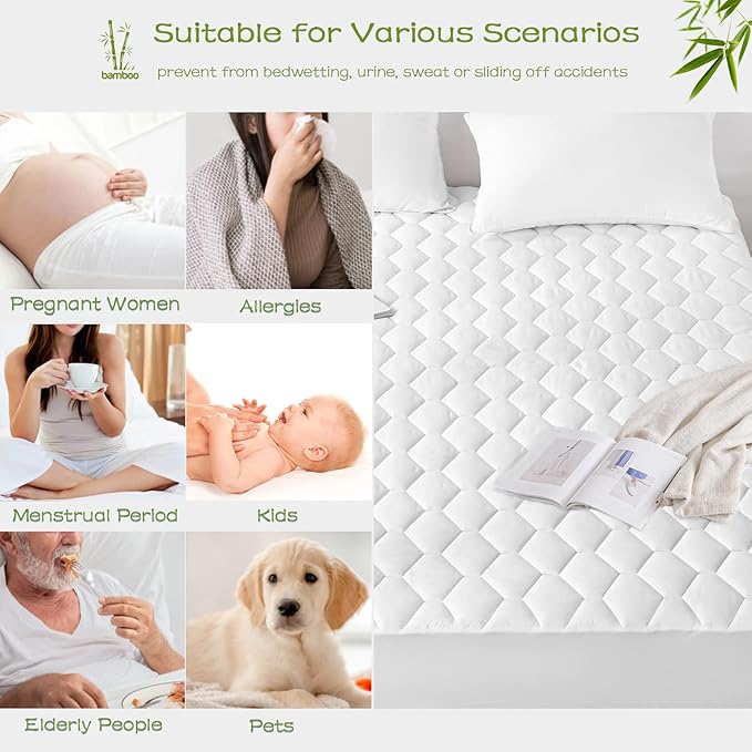 GRT Twin XL Mattress Protector Waterproof, Rayon from Bamboo, Cooling Quilted Fitted Mattress Pad, Noiseless Waterproof Mattress Cover, fits up to 18" Deep, Dust Proof White