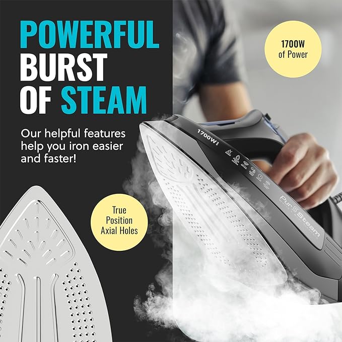 Pursteam Steam Iron for Clothes 1700W with Self-Cleaning Nonstick Stainless Steel Soleplate, Auto Shutoff, Anti-Drip