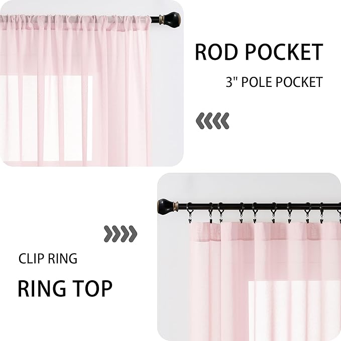 Tollpiz Small Sheer Linen Textured Curtain Sheers Doorway Light Filtering Voile French Door Rod Pocket Curtains, 25 x 40 inches Long, Pink, Set of 1 Panel