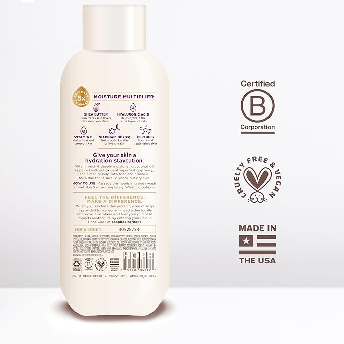 Soapbox Body Wash, Coconut + Goji Berry Body Wash for Women, Men, Vegan + Antioxidant Rich Moisturizing Soap with Shea Butter, Peptides & Keratin Promoting B3, 3 Pack, 20oz Each