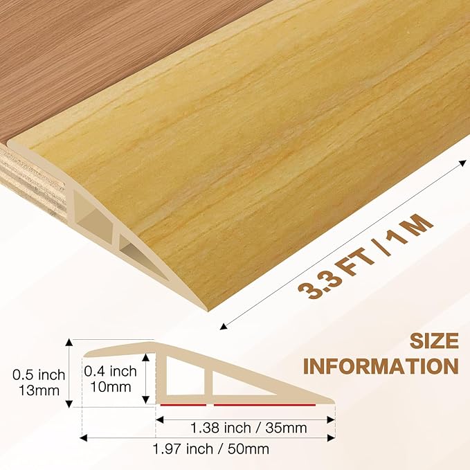 Floor Transition Strip Vinyl Door Threshold Ramp Self Adhesive Carpet Edging Strip Doorway Edge Trim, Overlap Edge Reducer for Laminate Carpet, Floor, Tile (Raw Wood Grain, 1/5" to 2/5", 3.3Ft)