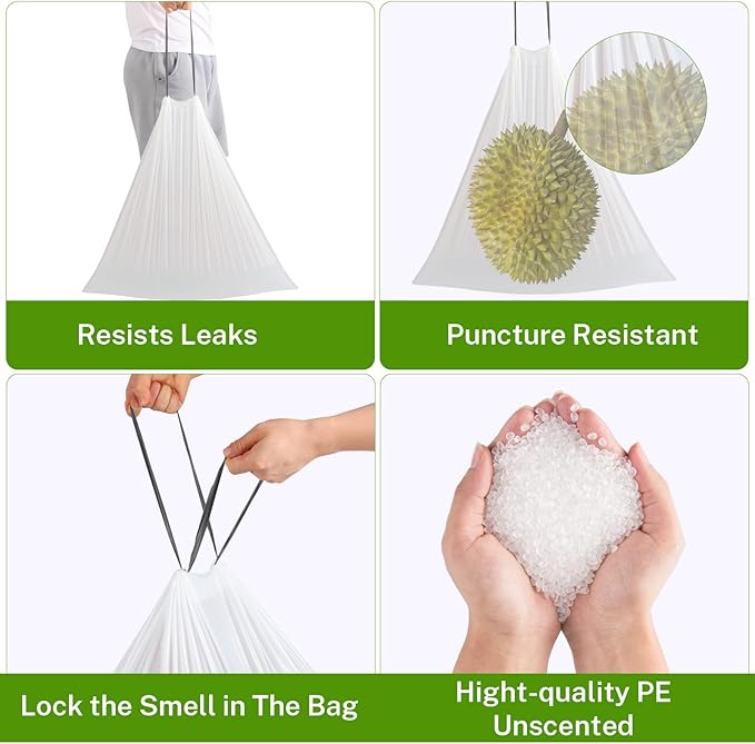 15 Gallon Tall Kitchen Trash Bags Drawstring - 1.2 Mil Thick White Garbage Bag for Office Kitchen, 45 Count