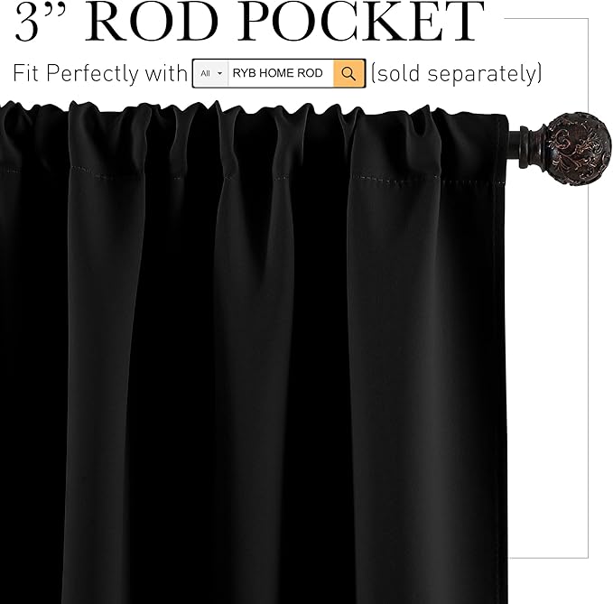 RYB HOME Blackout Curtains for Bedroom - Solid Light Block Blinds Privacy Noise Reduce Drapes for Kids Nursery Laundry Kitchen Cafe Window Decor, W 52 x L 36 inch per Panel, Black, 1 Pair