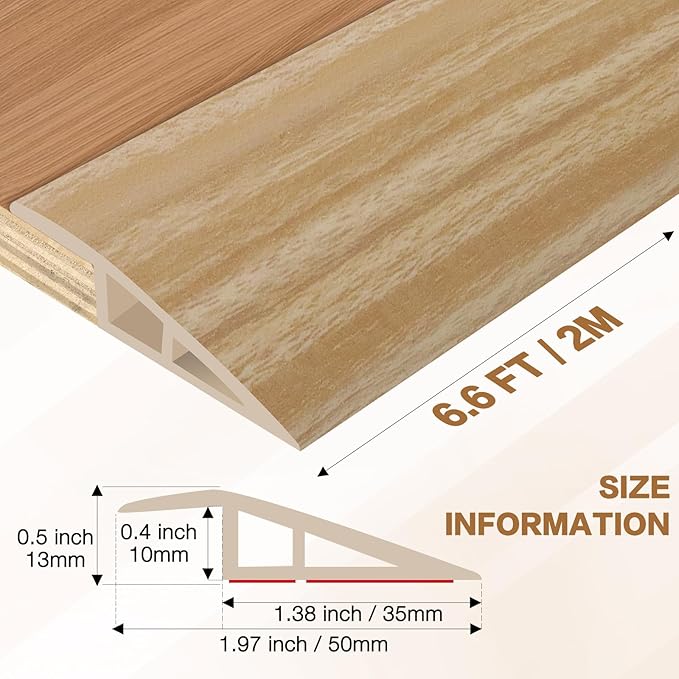 Floor Transition Strip Vinyl Door Threshold Ramp Self Adhesive Carpet Edging Strip Doorway Edge Trim, Overlap Edge Reducer for Laminate Carpet, Floor, Tile (Light Yellow Grain, 1/5" to 2/5", 6.6Ft)