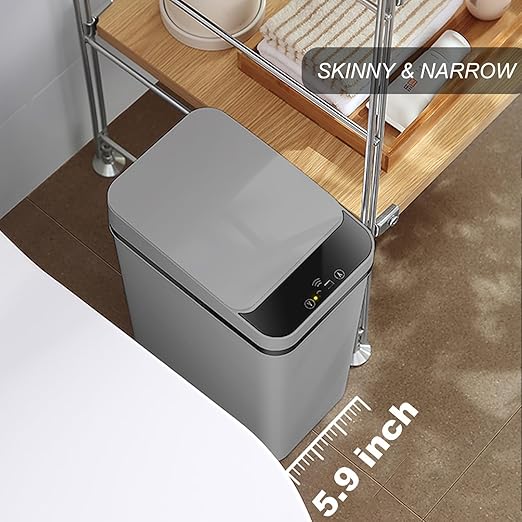 Yatmung 2.5 Gallon Motion Sensor Trash Can - Automatic Trash Can Touchless - Smart Trash Bin with Lid - Electric, Narrow, Plastic, Auto Open, Office, Bedroom, Bathroom - Small Garbage Can (Grey)