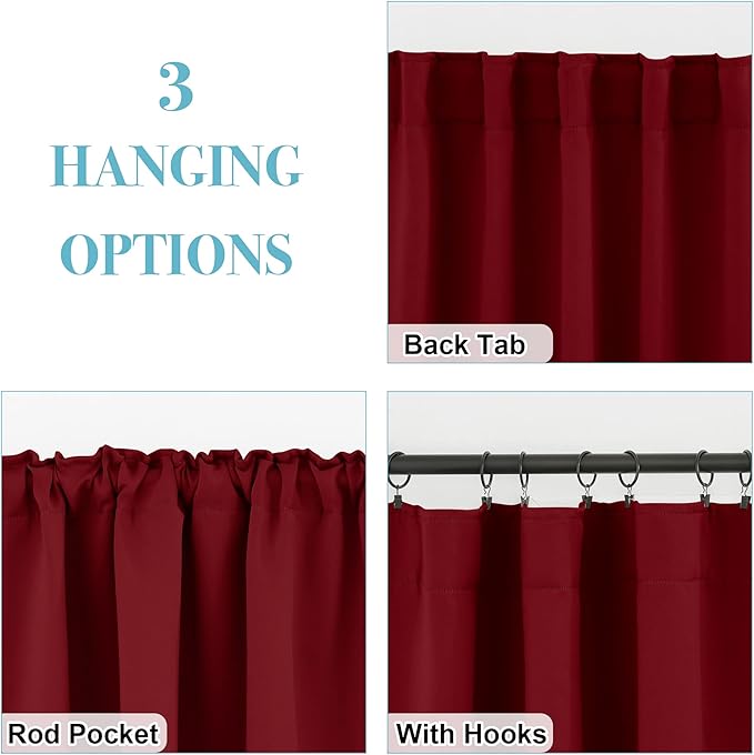 RYB HOME Cafe Window Curtains - Heavy Duty Solid Drapes with Back Tab Top, Thermal Insulated Panels for Wedding Holiday Girl Bedroom Nursery, W 42 x L 54, Burgundy Red, 1 Pair