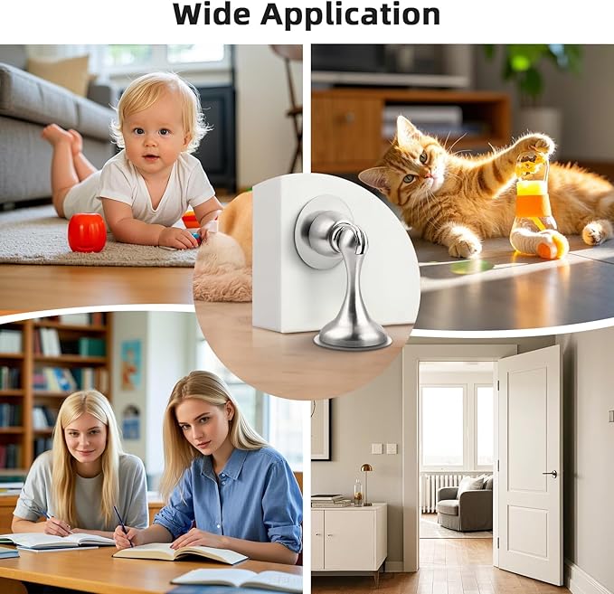 Probrico Brushed Nickel Magnetic Door Stoppers for Bottom of Door, Stainless Steel Magnet Door Catch Door Stops to Keep Door Open, Heavy Duty Door Holder, Wall and Floor Mounting, 4 Pack