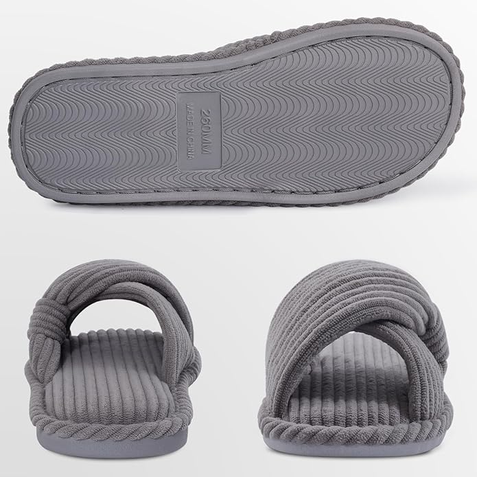 Evshine Summer House Slippers for Women Corduroy Cross Bow Indoor Slippers Open Toe Slip On Bedroom Shoes with Memory Foam