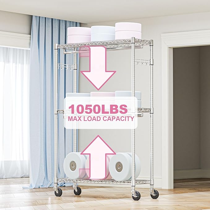Heavy Duty Rolling Garment Rack 3 Tiers Adjustable Wire Shelving Clothes Rack with 2 Rods and Side Hooks,Storage Closet Clothing Rack with Wheels Chrome 15.7" D x 45.3" W x 79.6" H