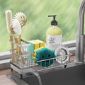 Consuemst Sponge Holder for Kitchen Sink - Auto Draining Sink Caddy Organizer with Detachable Rack, High Brush Holder, Kitchen Countertop Storage Accessories, Silver