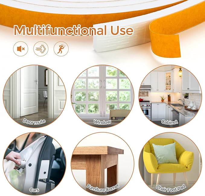 10 Feet Weather Stripping Door Seal, 1" Wide X 1/16" Thick Door Seal Strip High Density Foam Tape Adhesive Strip for Door Soundproofing,Window Insulation (1" x 1/16" x 10FT,White)