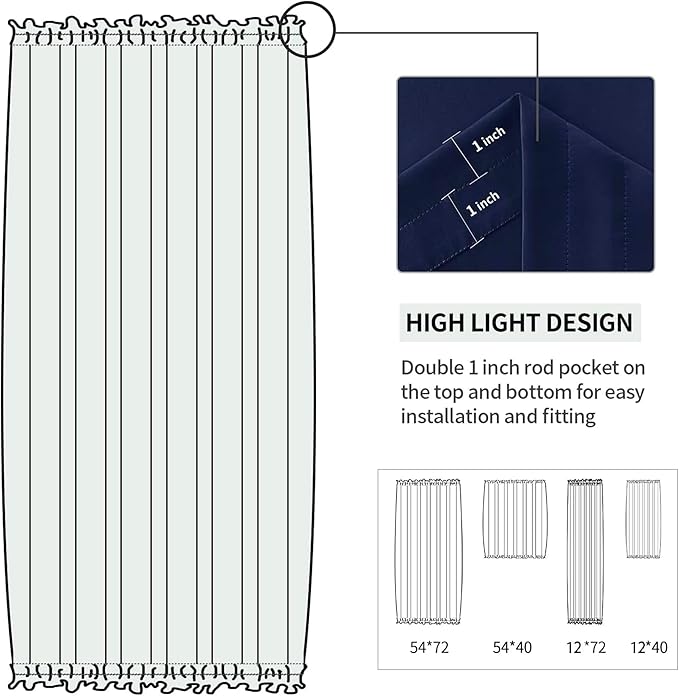 DWCN French Door Curtains – Rod Pocket Thermal Blackout Curtain for Doors with Glass Window, Kitchen and Patio Doors for Privacy, 12 X 72 Inches Long, 1 Curtain Panel with Tieback, Navy Blue