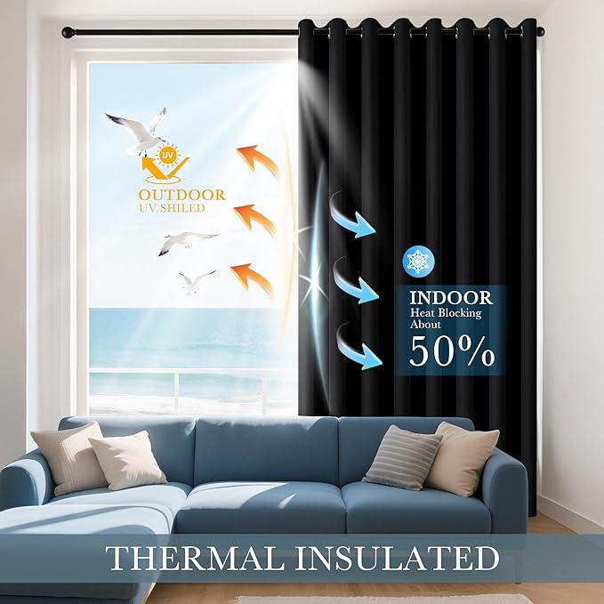 PONY DANCE Bedroom Blackout Curtains - Blackout Dark Curtain Panels Energy Saving Light Blocking Thermal Drapes/Home Decor Modern for Kids Nursery Good Sleep, 42 Wide by 72 in Long, Black, 2 PCs