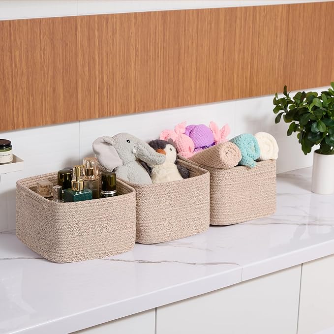 Small Organizing Baskets for Cubes Shelf, 9.7x9.7x7.1 Inch Rope Woven Storage Bins for Nursery Shelves Storage, Cute Toy Basket, Square 3 Packs Mixed Brown