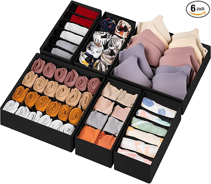 6 Pack Sock Underwear Drawer Organizer Dividers, 58 Cell Foldable Fabric Dresser Closet Organizers and Storage Bins for Clothing, Baby Clothes, Bra, Panty, Scarf, Ties (Black)