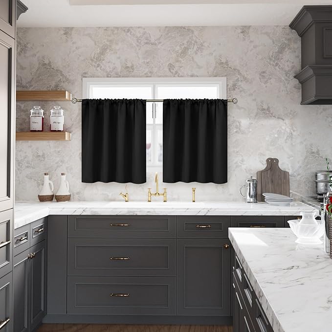 BGment Black Blackout Curtains for Bedroom Window 34 x 45 Inch - Rod Pocket Short Drapes for Kitchen Cafe Rv Bathroom Door Room Darkening Privacy Blinds, 2 Panels