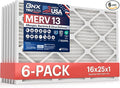 BNX TruFilter 16x25x1 Air Filter MERV 13 (6-Pack) - MADE IN USA - Electrostatic Pleated Air Conditioner HVAC AC Furnace Filters for Allergies, Pollen, Mold, Bacteria, Smoke, Allergen, MPR 1900 FPR 10
