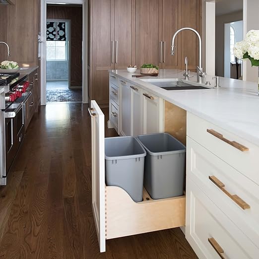 Rev-A-Shelf Pullout Trash Cans for Kitchen Cabinet, Dual 35 Qt Bins with 15" Wood Frame - Large Garbage Bin Containers for Home Waste Storage and Recycling