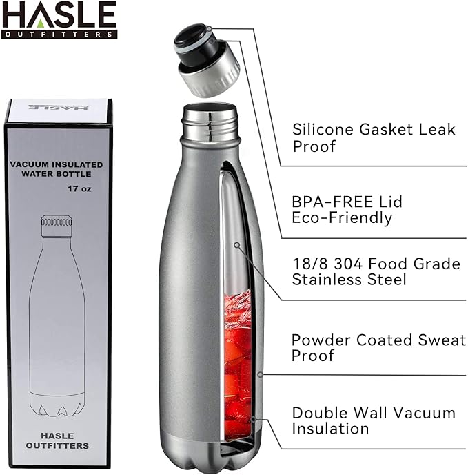 HASLE OUTFITTERS 17oz Stainless Steel Water Bottles Bulk, Vacuum Insulated Water Bottles Double Walled Reusable Metal Sports Water Bottles Keep Drinks Hot and Cold, Gray, 8Packs
