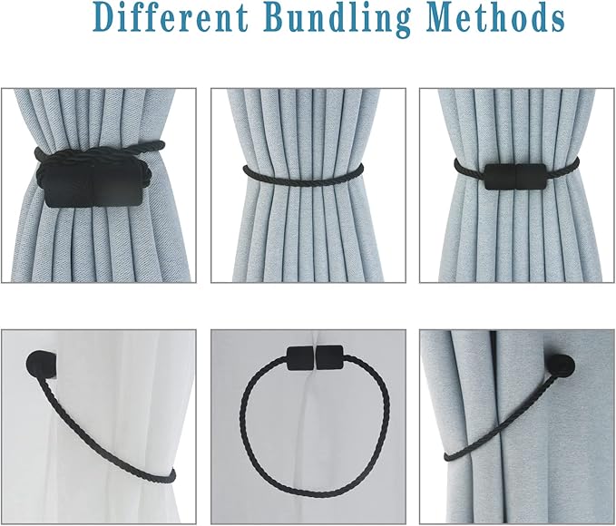 Magnetic Curtain Tiebacks 6 Pack Black Curtain Rope Tieback Curtain Holders for Drapes Modern Tie Backs Decorative Curtain Holdbacks