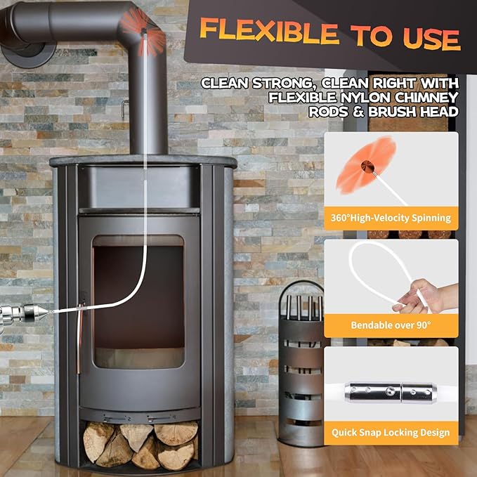 20 Feet Chimney Sweep Kit, Chimney Cleaning Kit with 6 Flexible White Chimney Rods, Rotary Chimney Cleaning System Driven by Drill for Sweeping Fireplace, Chimney Cleaners with Strong Brush
