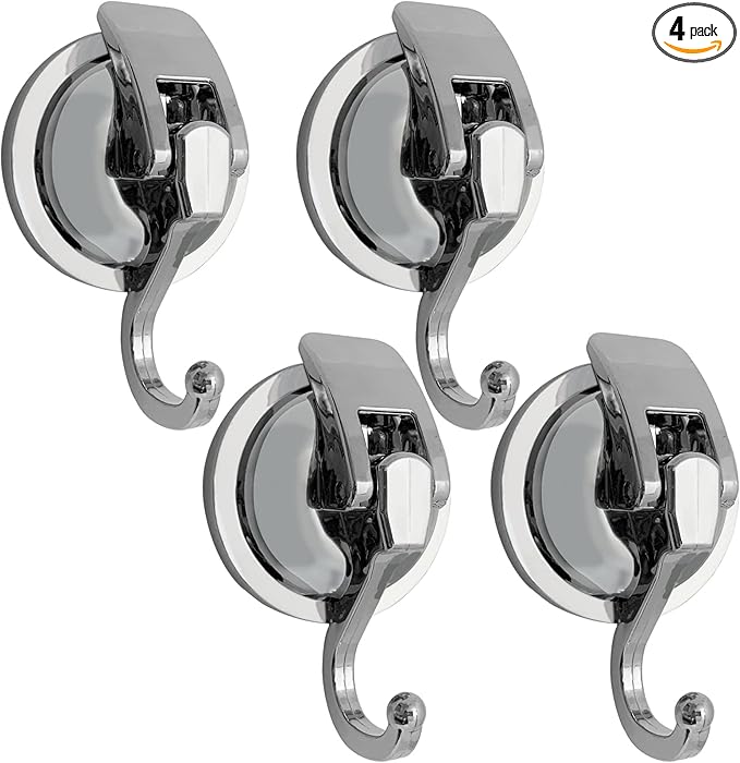 Suction Cup Hooks - Heavy Duty Glass, Reusable, No Hole Punched, for Bathroom Robe & Garland (Silver, 4 Pack)