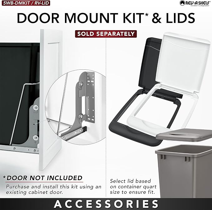 Rev-A-Shelf Pullout Trash Can for Kitchen Cabinets 35 Quart Garbage Waste Recycling Bin with Full Extension Slides, White, RV-12KD-11C