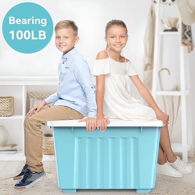 Nazhura 72 Quart Plastic Storage Bin, Stackable and Nestable Storage Boxes with Lids and Secure Latching Buckles, Large Storage Container (Blue, 72Quart-6Pack)