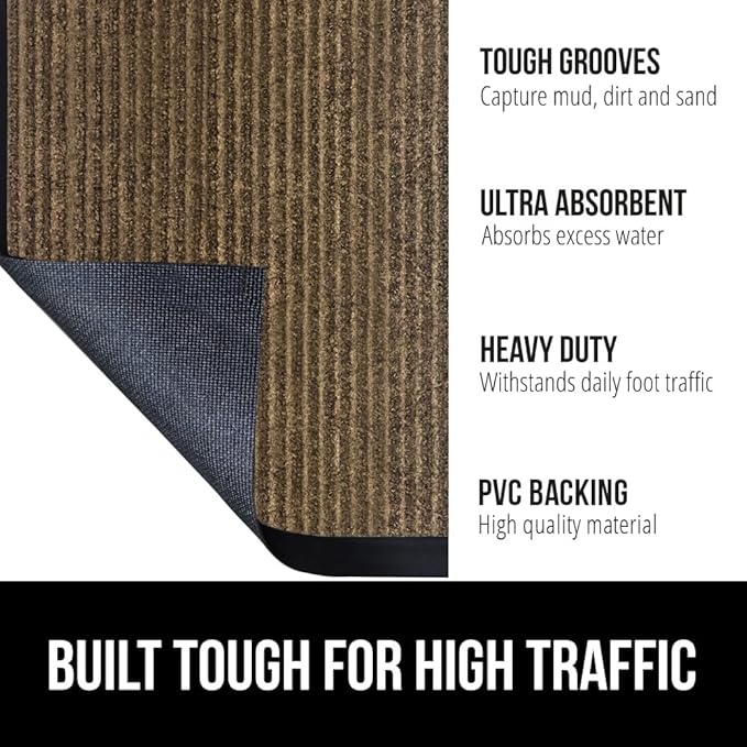 GORILLA GRIP Traffic Guard Door Mat, 60x36, Heavy Duty Welcome Mats, Commercial Office Space Doormat, Waterproof, Fade Resistant, Strong Rubber Backing, Low Profile, Shoe and Boot Scraper, Brown